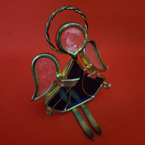 Vintage Stained Glass Skier Blue Gold Tone - Picture 9 of 12